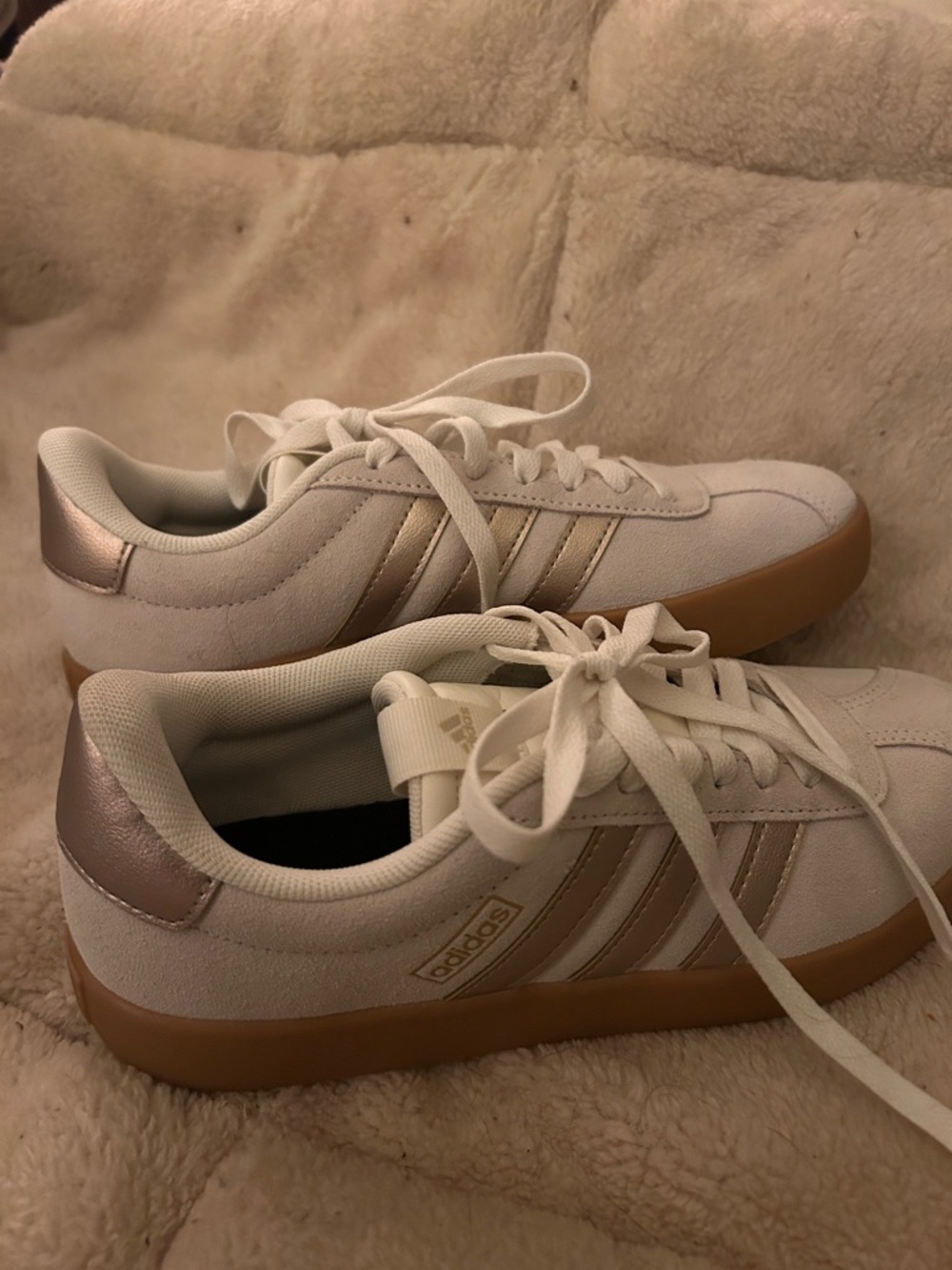 adidas Women’s White Sneakers with Gold Stripes and Gum Sole